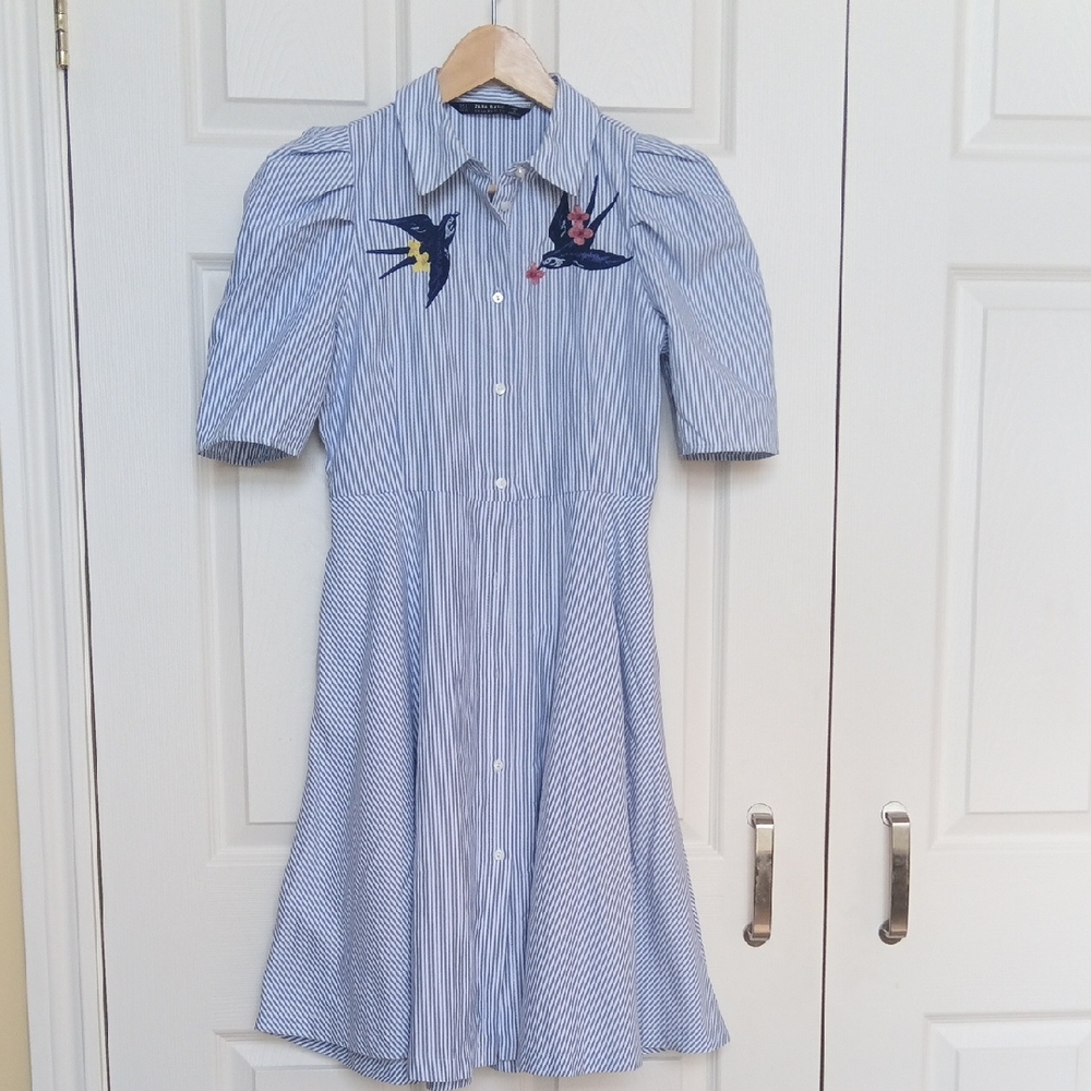 👗Ptp16" Zara Embroidered Birds Cotton Blend Short Sleeve Button-down + Pockets